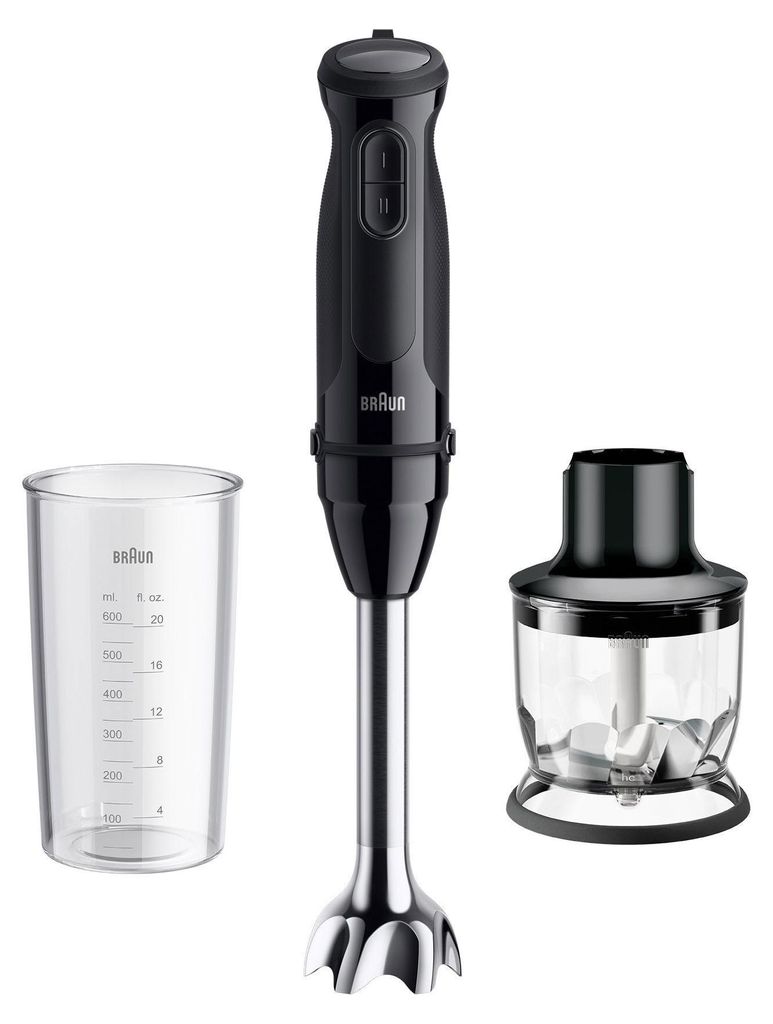 A black Braun hand blender with its accessories, a measuring cup and a chopper attachment, displayed on a white background.
