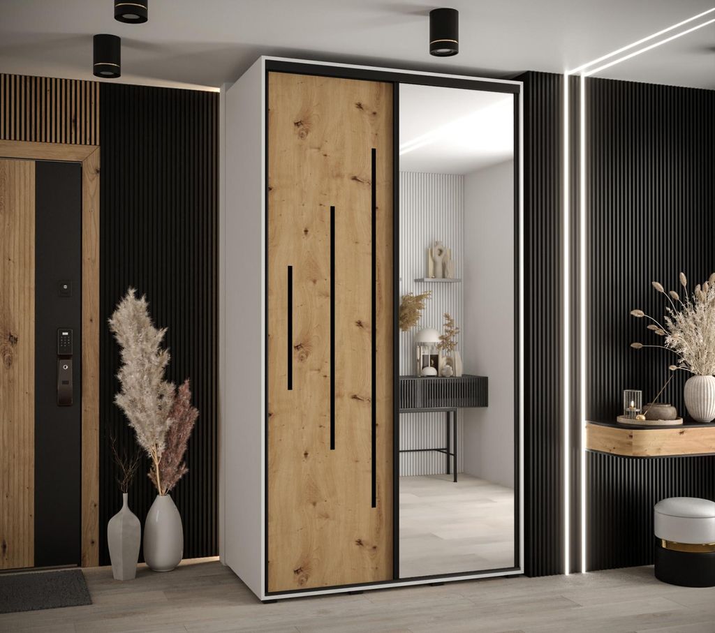 Kleiderschrank YVONA 13 - 140/60 cm, weiß / Eiche handwerklich / schwarz