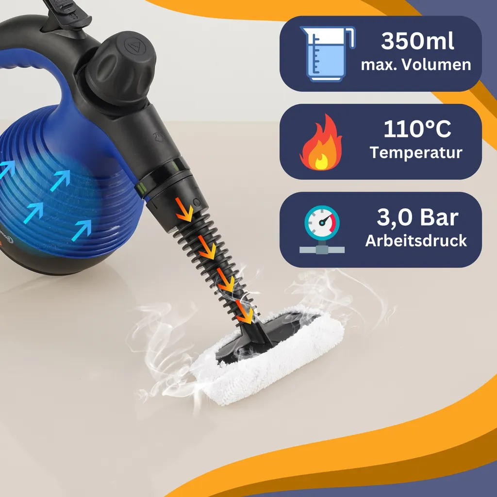 Pulitore a vapore portatile Sommertal SC350 - Pulitore a vapore portatile compatto per tutto: mobili imbottiti, piastrelle, pavimenti, ecc. - Pulitore a vapore con serbatoio da 350 ml, vapore a 110°C, pressione di 3 bar - 2