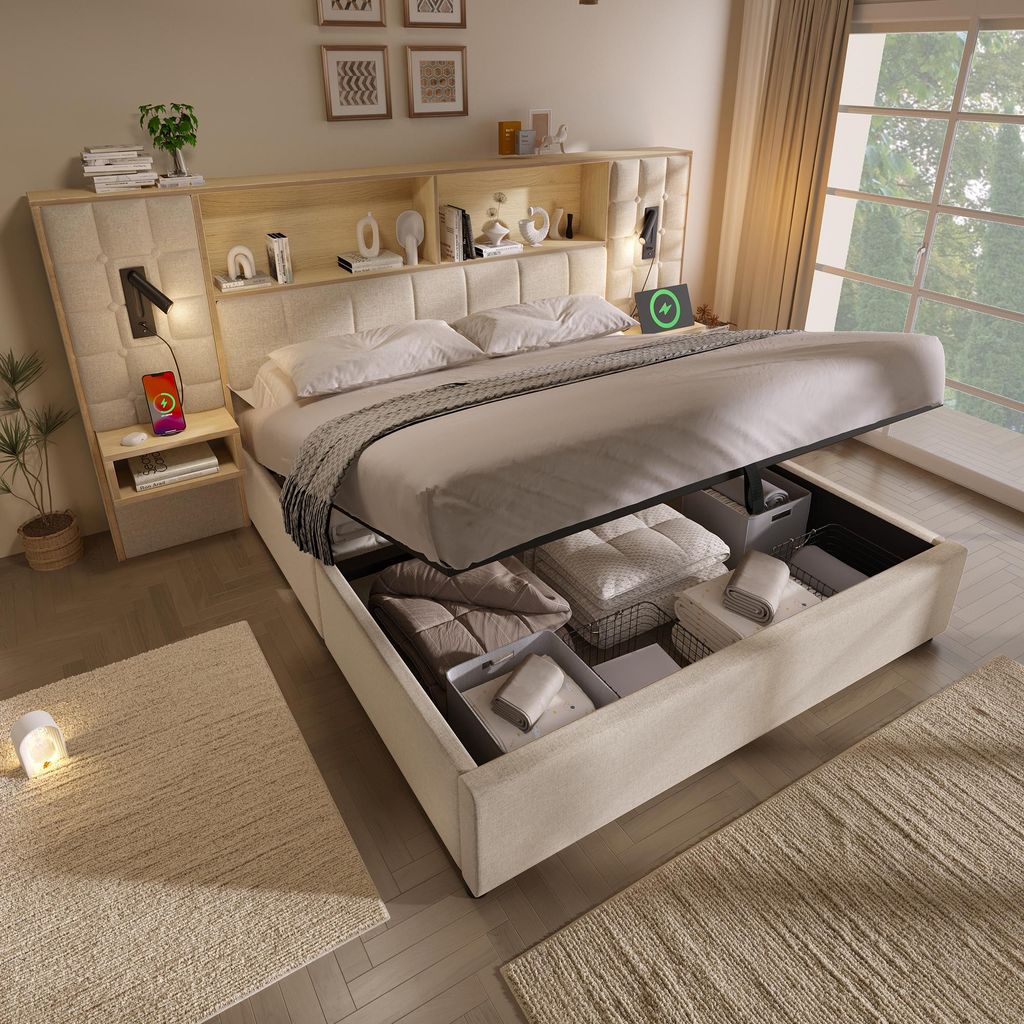 Polsterbett 180x200 mit Stauraum, Systembett Beige, LED & 2 Produktbild 