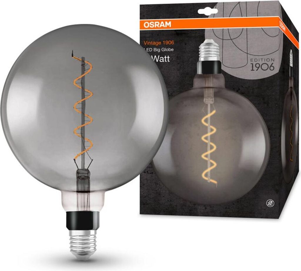 A product shot of an Osram LED light bulb and its packaging.