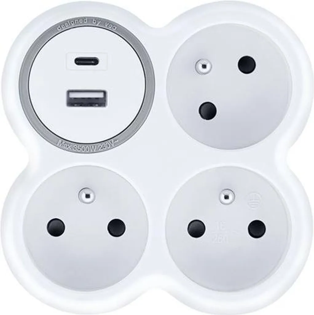 Solight Hub multiprise 3 prises 15A avec ports USB A+C blanc et gris