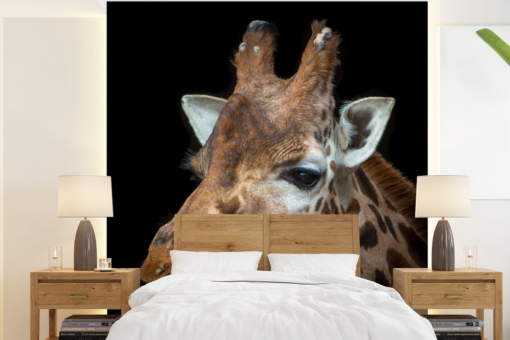 MuchoWow Fototapete für Wohnzimmer oder Schlafzimmer Wandtapete Vinyl Motivtapete Porträt einer Giraffe auf schwarzem Hintergrund - 240x260 cm ...