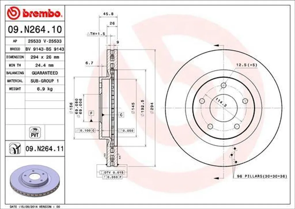 Disque de frein haute teneur en carbone Brembo 09.N264.11 - Haute Qualité