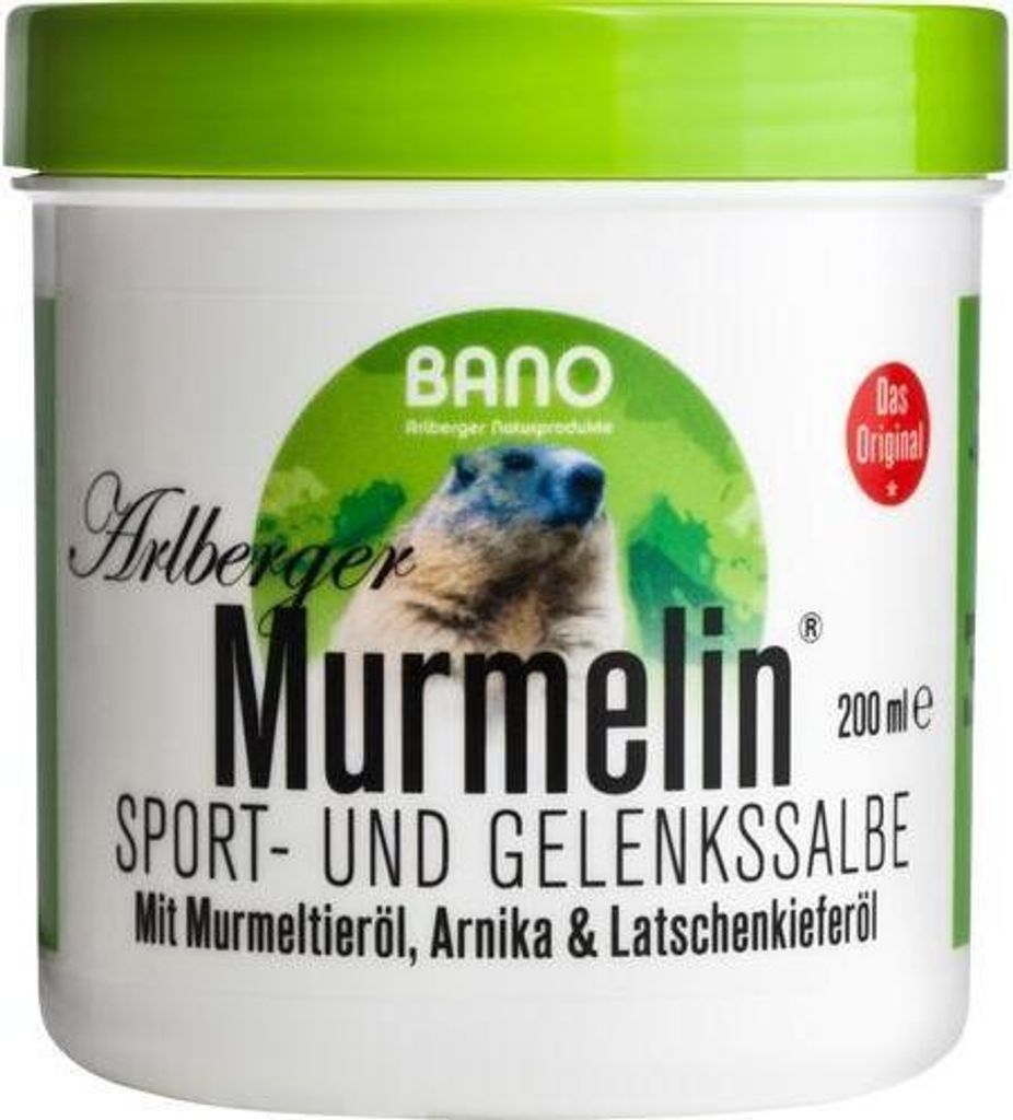 A product shot of a jar of Arlberger Murmelin Sport- und Gelenkssalbe.