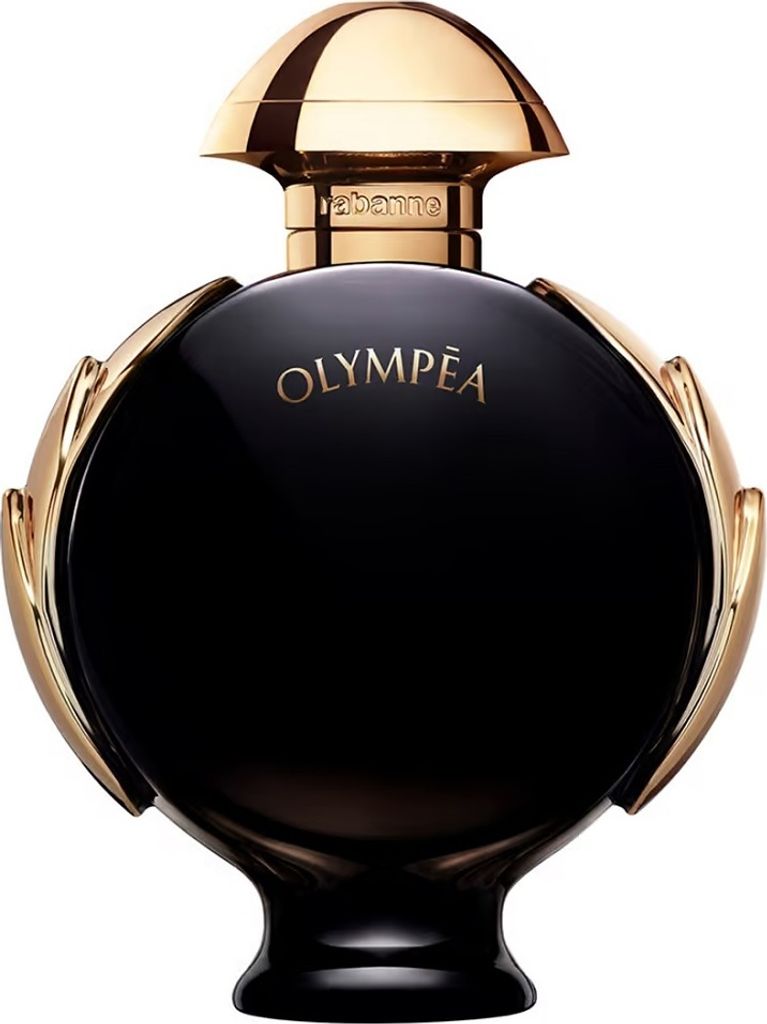 A product shot of a black and gold perfume bottle.