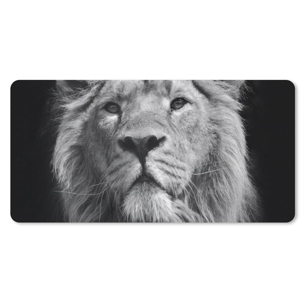 MuchoWow Schreibtischunterlage Asiatischer Löwe vor schwarzem Hintergrund in Schwarz und Weiß 80x40 cm - XXL Mauspad - Gaming Mauspad