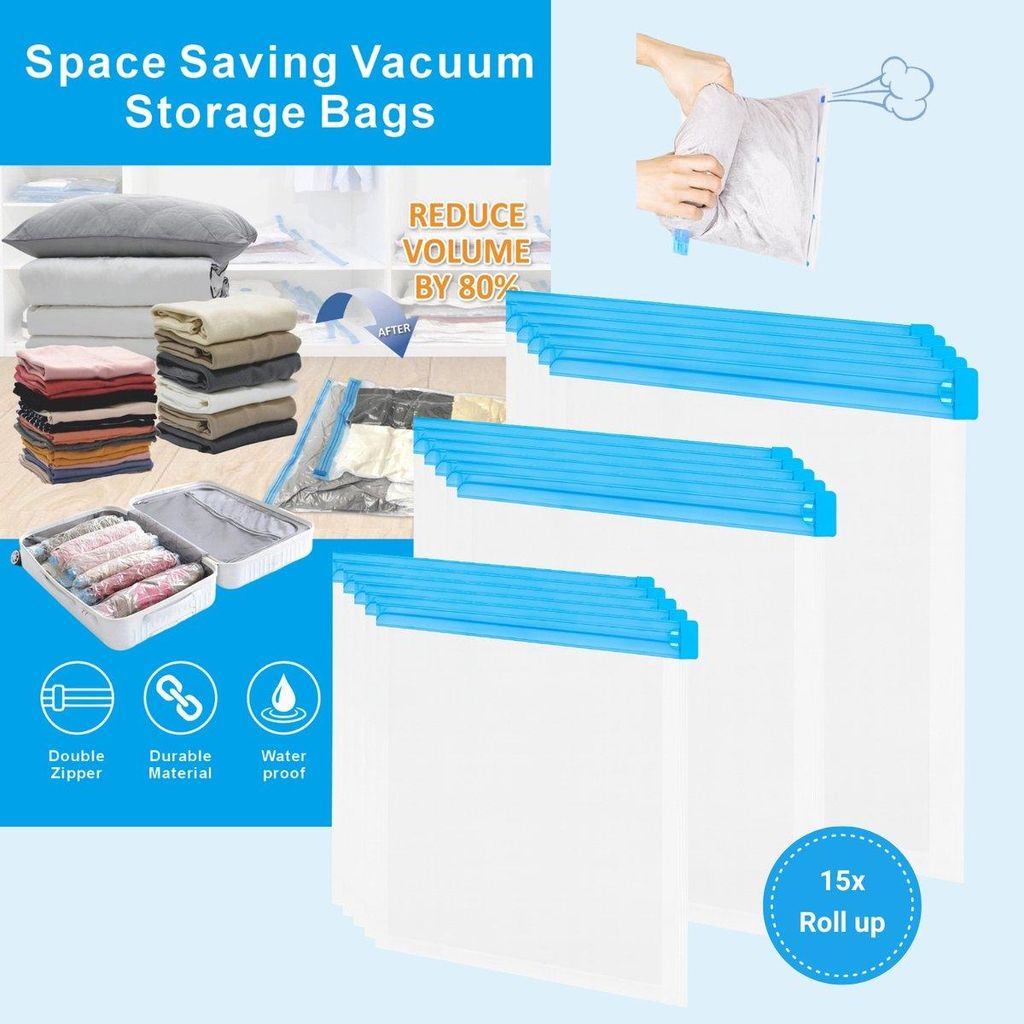 SpaceSaver – 15er Set Vakuum-Aufbewahrungsbeutel zum Rollen, spart 80 % Platz, ohne Pumpe, ideal für Kleidung, Bettwäsche, Reisen & Camping