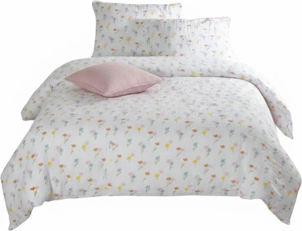 Parure de lit Floral en gaze de coton gaufré - Housse et 2 Taies d'oreiller