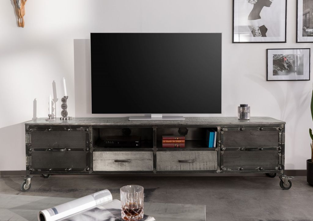 MASSIVMOEBEL24 TV-Board Mango 220x40x60 grau lackiert HEAVY INDUSTRY #132