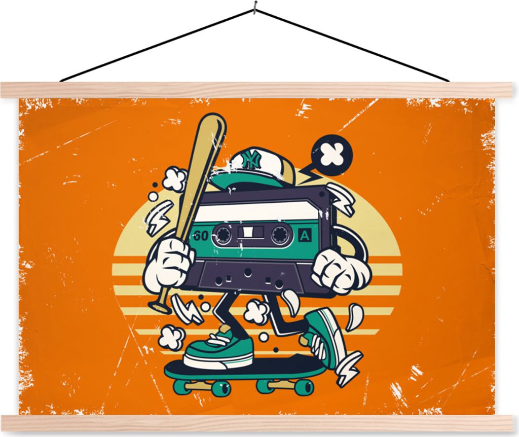 MuchoWow Textilposter Kassette - Skateboard - Vintage 120x80 cm mit holzfarbenen Rahmen - Aufhängeset