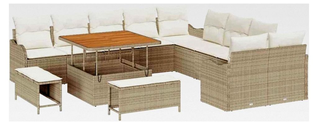 13-teiliges Garten-Sofa-Set mit Kissen in Beige aus Poly-Rattan und Akazie für den Außenbereich