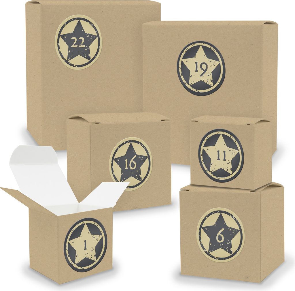 Adventskalender zum Füllen 24x Quader Würfel gemischt BRAUN + Sticker (V02 Z21)