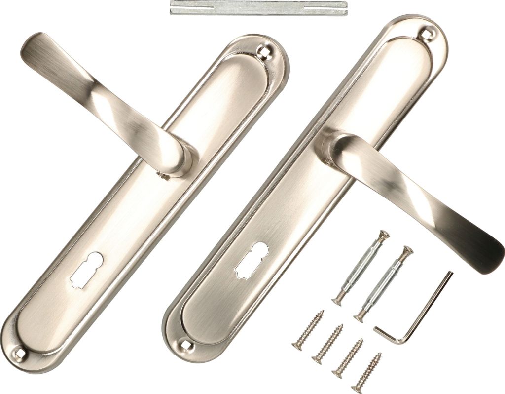 A pair of satin nickel door handles with mounting hardware.