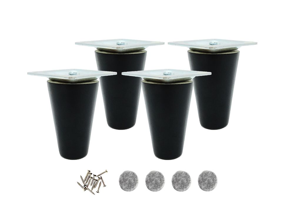 Four black furniture legs with silver mounting plates are arranged on a white background, along with screws and felt pads.
