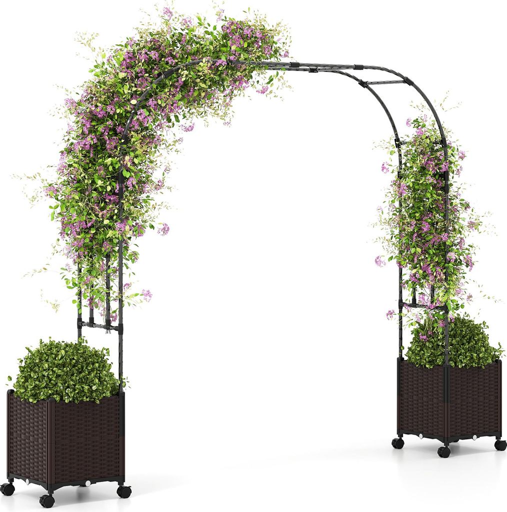 Gartenbogen mit Pflanzkästen, Garten Pavillon für Kletterpflanzen mit Universellen Rollen, Selbstbewässerungssystem & Abflussloch, Schwarz