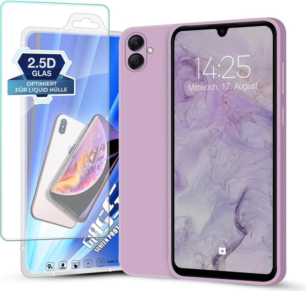 Hülle für Samsung Galaxy A05 mit 9H Displayglas Displayschutz Plus Case Cover Bumper Silikon Softgrip Schutzhülle Farbe: Lila