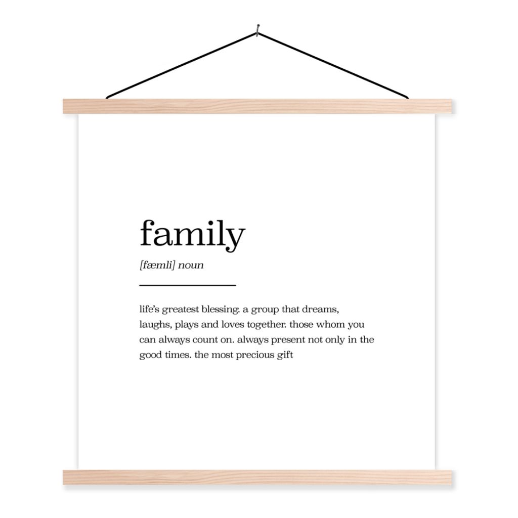 MuchoWow Textilposter zitate - sprichwörter - Wörterbuch - Familie 120x120 cm mit holzfarbenen Rahmen - Textil-Poster