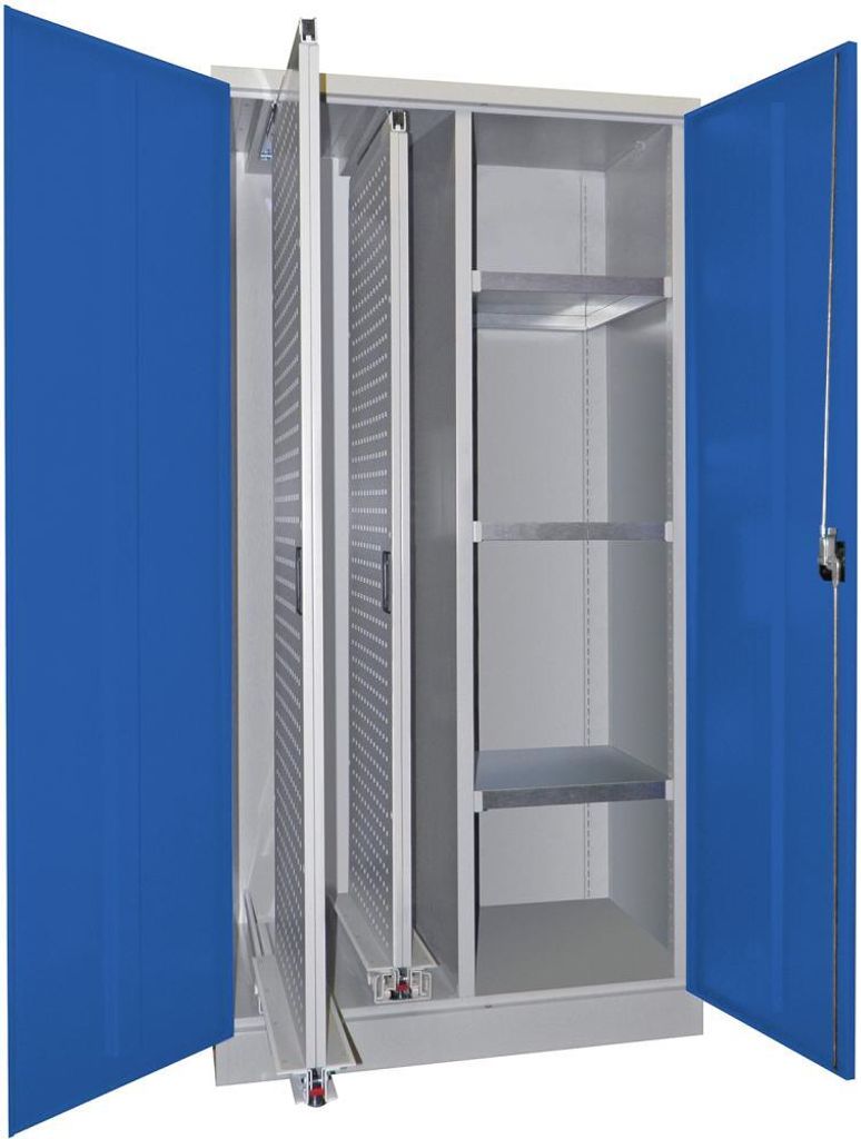 Vertikalauszugschrank, 2 Auszüge mit Lochplatten, Mitteltrennwand, 3 Böden, BxTxH 1000x600x1950 mm, RAL 7035/5010