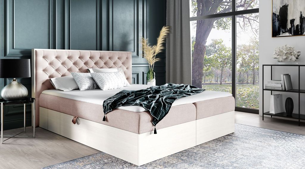 Kontinentales Bett 200x200 CHANTELLE 3 - nordisches Teakholz / Rosa + GRATIS Matratzenauflage