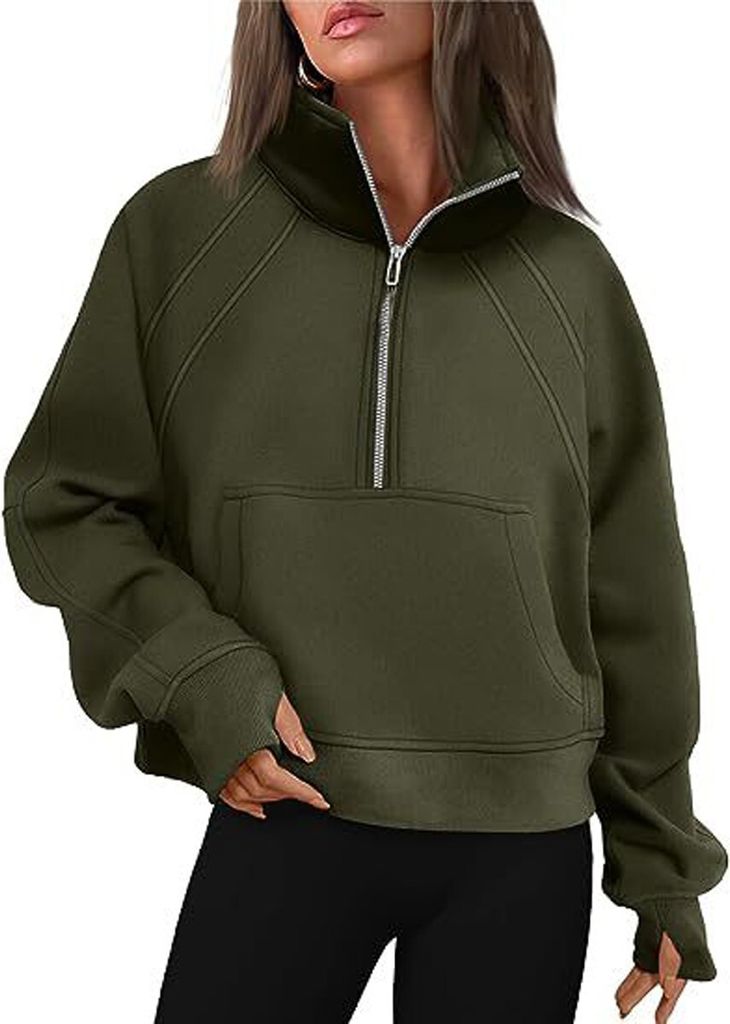 ASKSA Damen Sweatshirt Stehkragen Reissverschluss Pullover Einfarbige Fleece Oberteile, Armeegruen, S