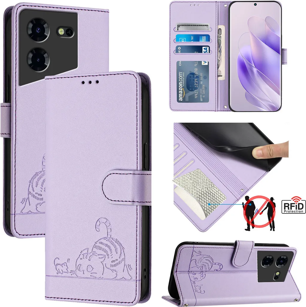 Custodia in pelle per Tecno Pova 5 Pro, dolce gatto Custodia flip con funzione stand e portafoglio Viola