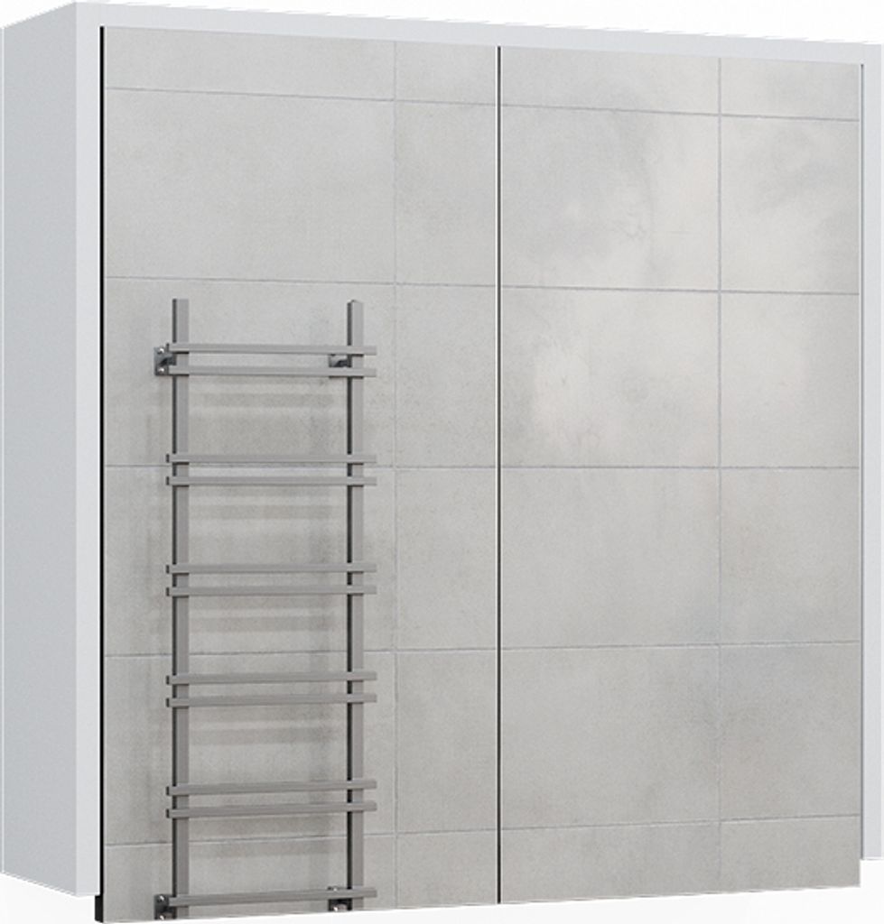 A bathroom cabinet with a towel rack mounted on a tiled wall.