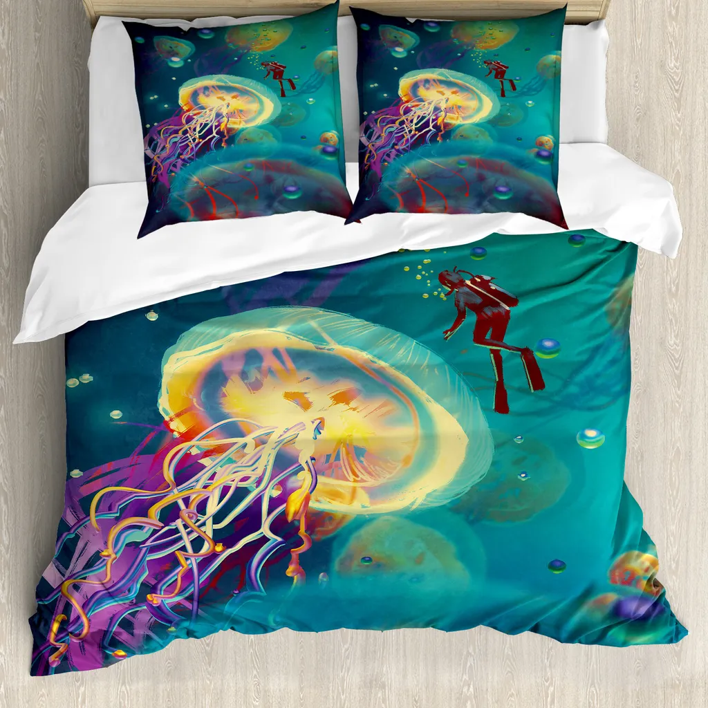 ABAKUHAUS Copripiumino fantasia, meduse sottomarine, antiacaro, adatto a chi soffre di allergie, con federe, 200 cm x 200 cm - 80 x 80 cm, verde acqua viola