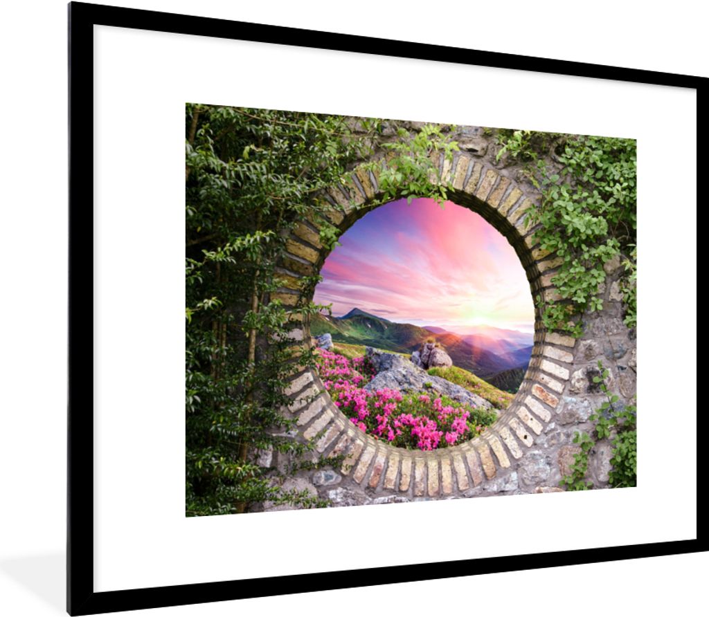 MuchoWow Gerahmtes Poster Landschaft - Blumen - Aussicht - Berg 80x60 cm - Poster mit Schwarzem Bilderrahmen Wandposter Rahmen Foto Bilder - Schl...