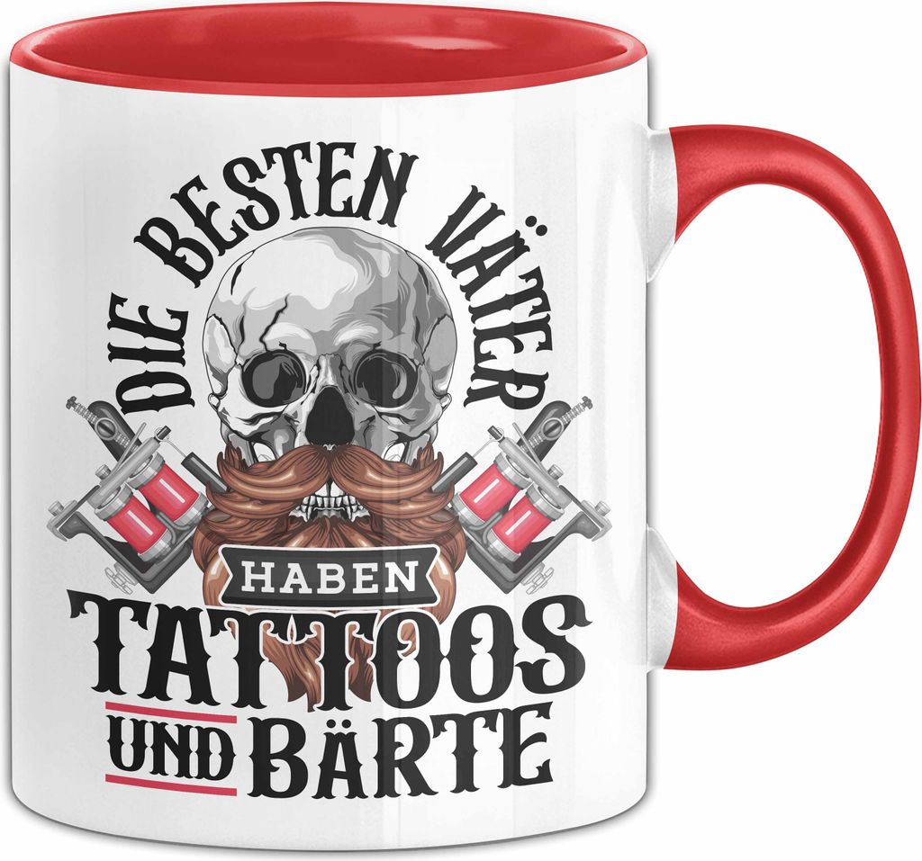 Papa Tasse Geschenk Die Besten Väter Haben Tattoos und Bärte Geschenkidee Tattoowierter Vater Vatertag (Rot)