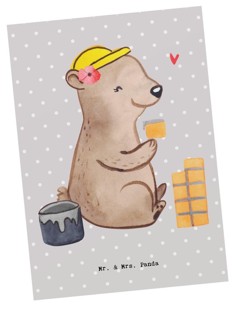 Mr. & Mrs. Panda Postkarte Maurerin Herz - Grau Pastell - Geschenk, Postkarten, Grußkarte, Handwerkerin, Ansichtskarte, Ansichtskarten, Fotokarte,...