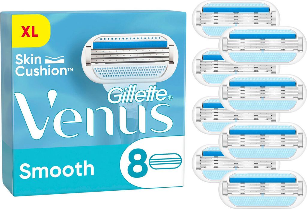 A package of Gillette Venus razor blades with individual blades shown to the right.