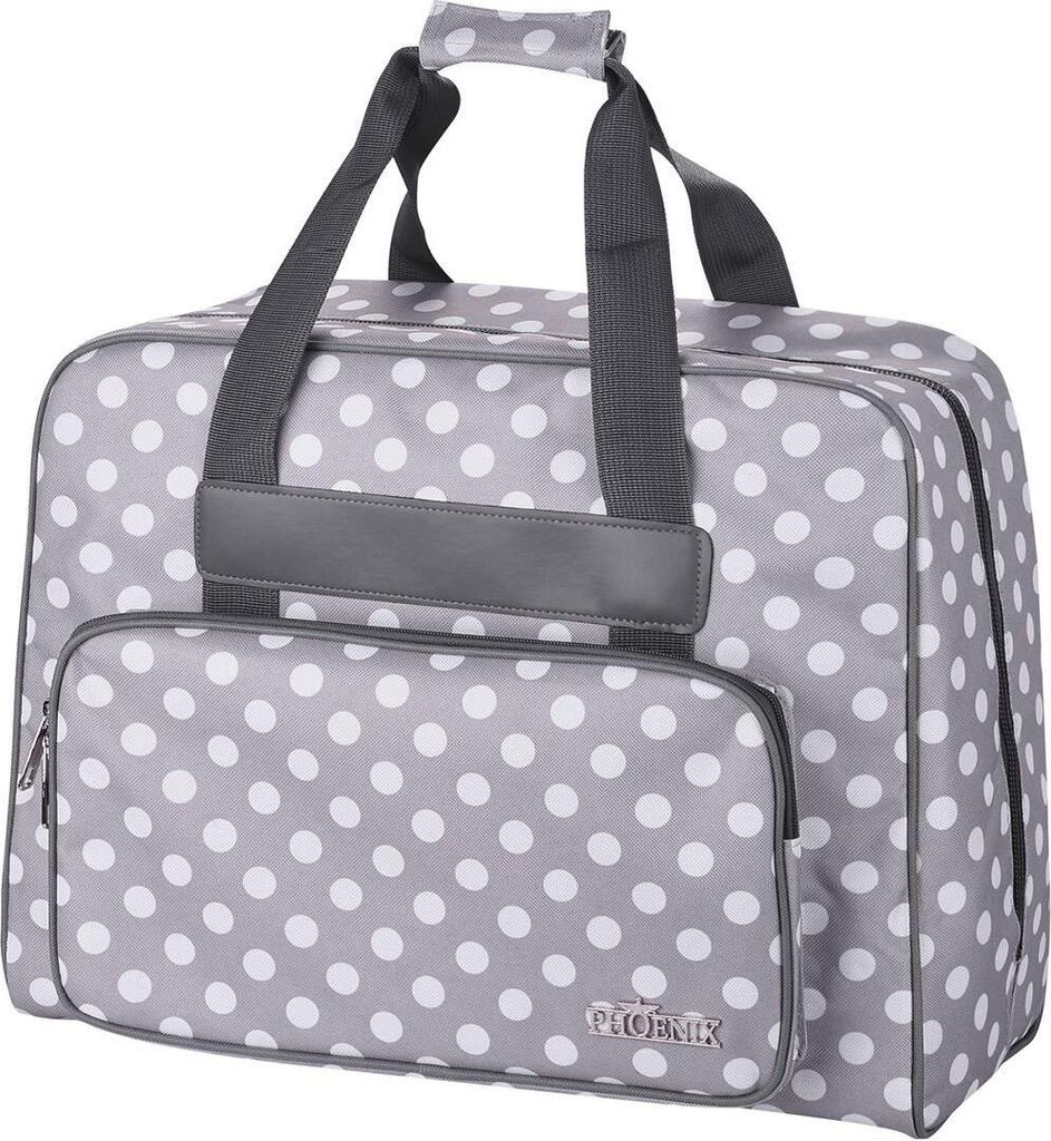 A gray polka dot sewing machine bag is shown against a white background.