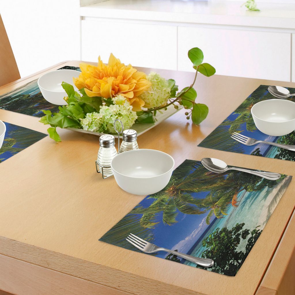 ABAKUHAUS Pflanze Platzmatten, Tropisches Paradies bei Malediven mit Palmen Blauer Himmel Schöne Strände Ruhe, Tiscjdeco aus Farbfesten Stoff fü...