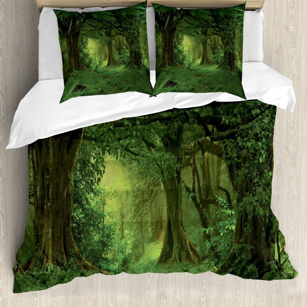 ABAKUHAUS Natur Bettbezug, Tropische Dschungel Bäume, Milbensicher Allergiker geeignet mit Kissenbezügen, 200 cm x 200 cm - 80 x 80 cm, Grün