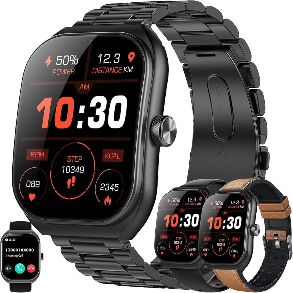SGDDFIT Herren Smartwatch 2.01 Zoll AMOLED Display Telefonfunktion 130 Sportmodi 5ATM Wasserdicht Fitness Uhr Herzfrequenz Blutdruck Bluetooth Anrufe