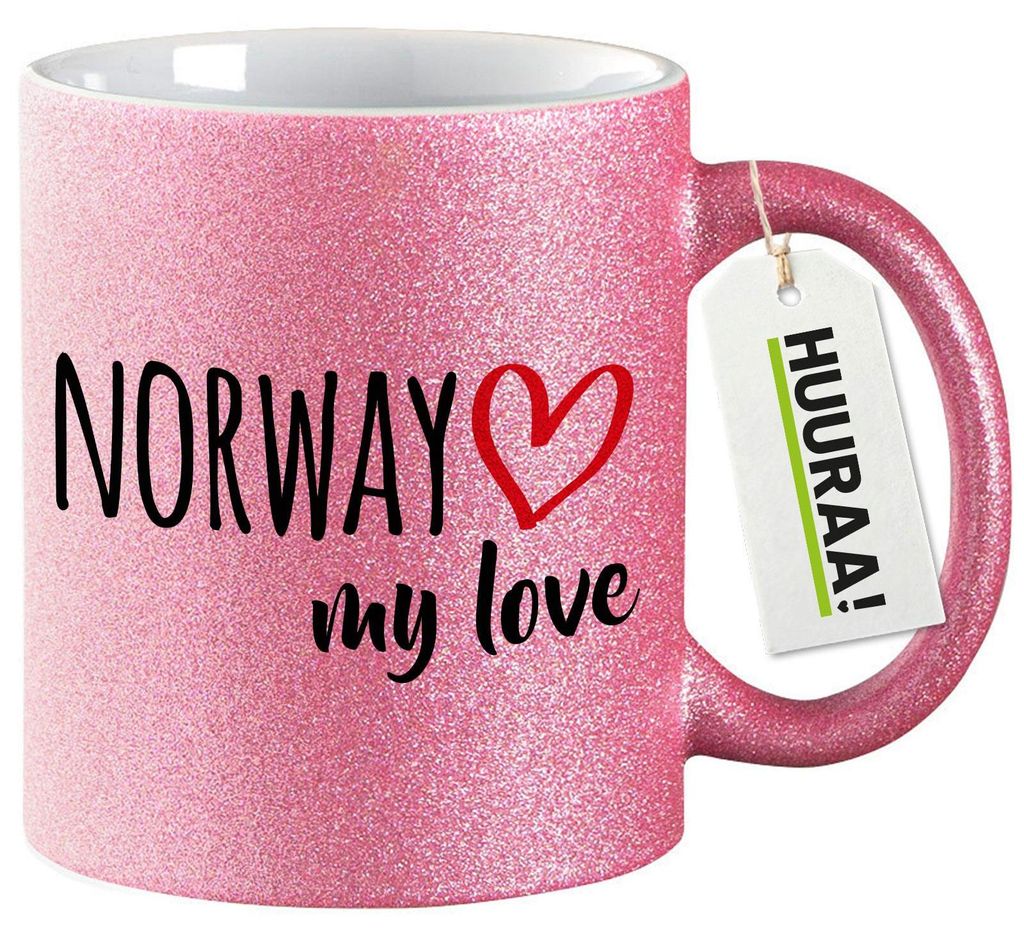 Huuraa Glitzertasse Norway my love 330ml Pink Keramik Kaffeebecher Geschenkidee