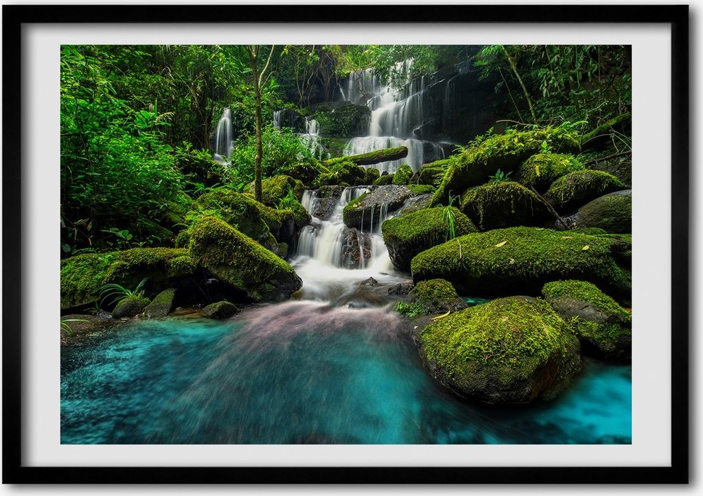 Bild - Bilderrahmen - 100 cm x 70 cm - MDF - Rahmen - Foto - Wandkunst Wasserfall im Dschungel