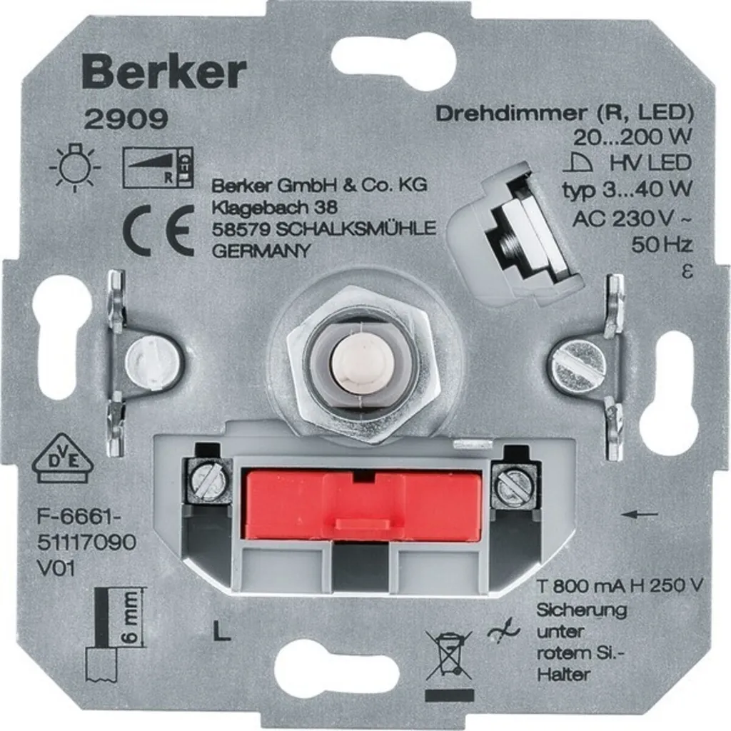 Variateur rotatif de lumière 20-200W Berker pour montage encastré UP