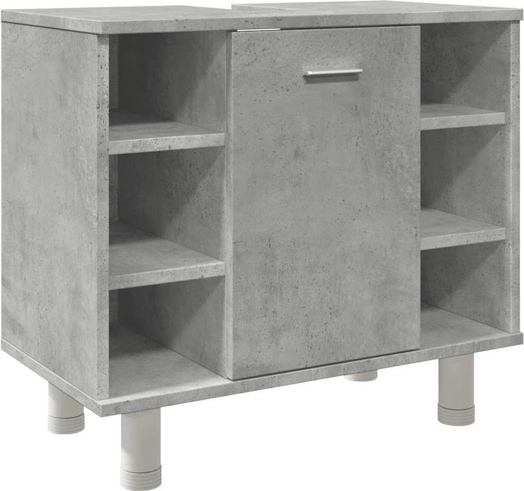 A concrete-effect bathroom cabinet with shelves and a door, shown from the front on a white background.