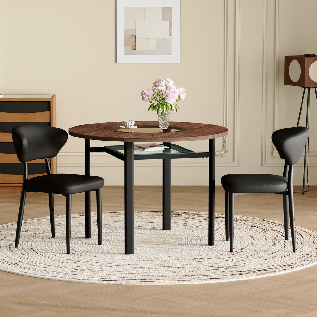 MODFU Esszimmerstuhl Set,Küchenstuhl mit 2 Stühle schwarzen und Esstisch mit Braunes Glaseinlege,100 cm runder Tisch,Sessel mit gebogene Rückenl...