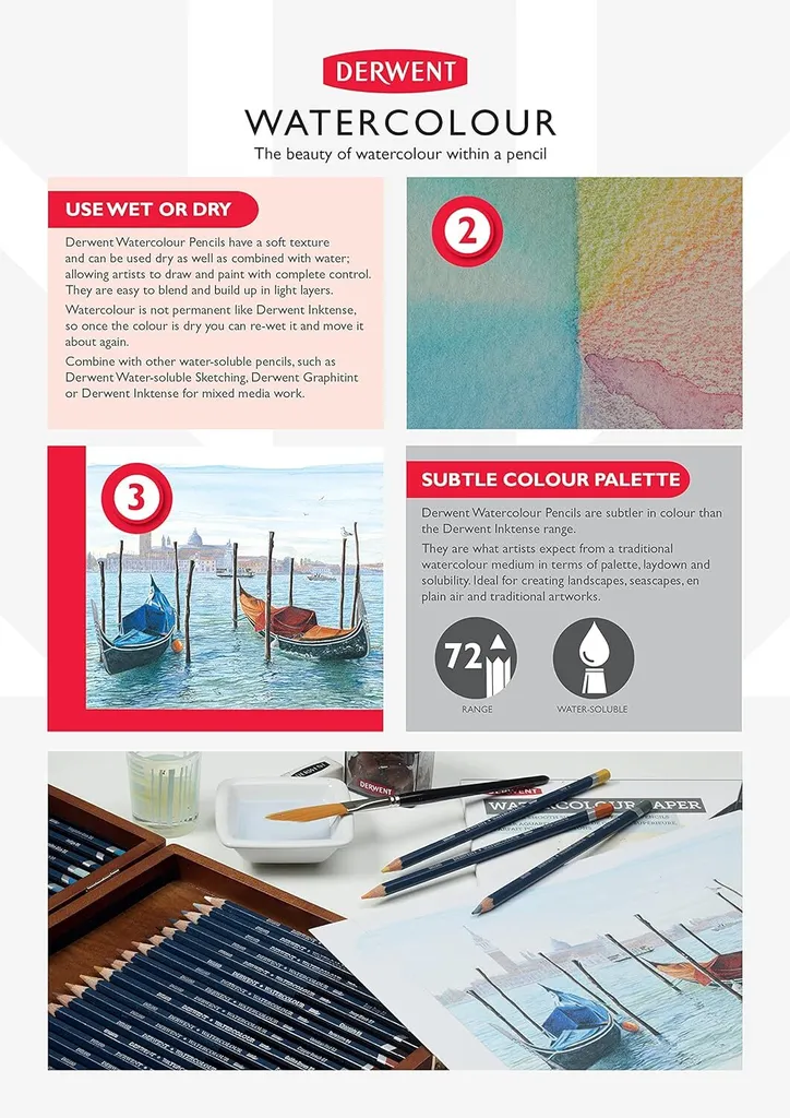 Set de 36 crayons aquarellables Derwent pour techniques mixtes et lavis d'art