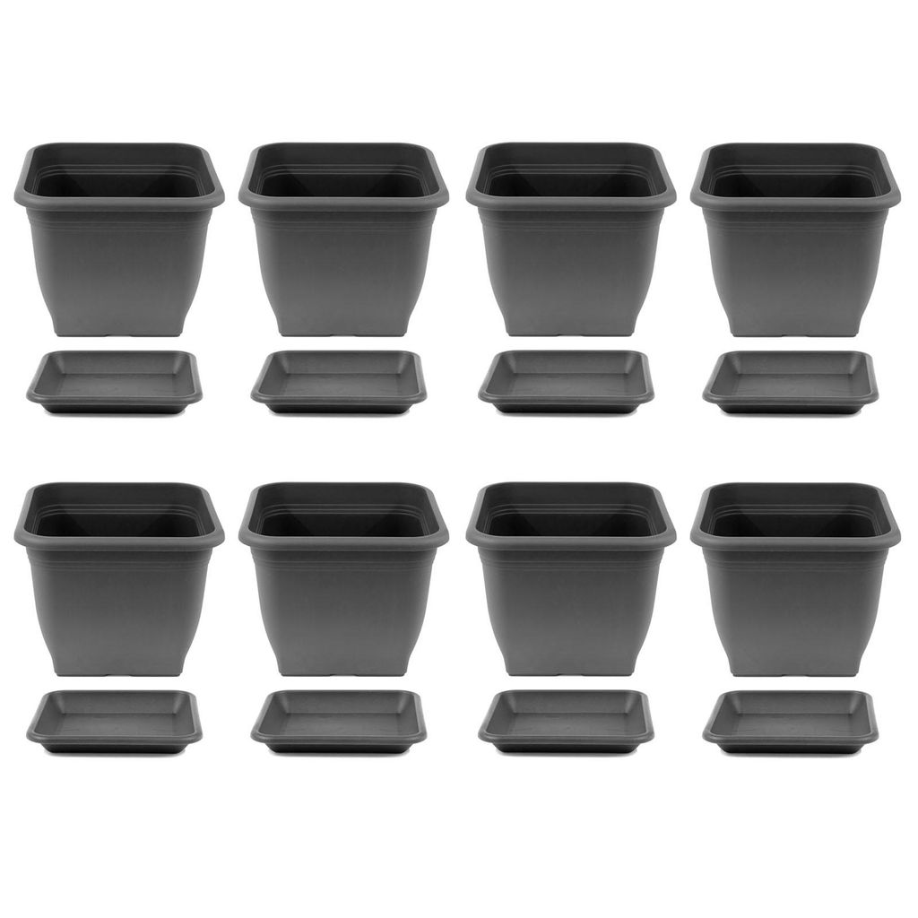 8x Pflanztopf 33 x 33 cm Kunststoff incl. Untersetzer Eckig Anthrazit Pflanzkübel Pflanzuntersetzer Blumentopf Blumenkübel Pflanzcontainer