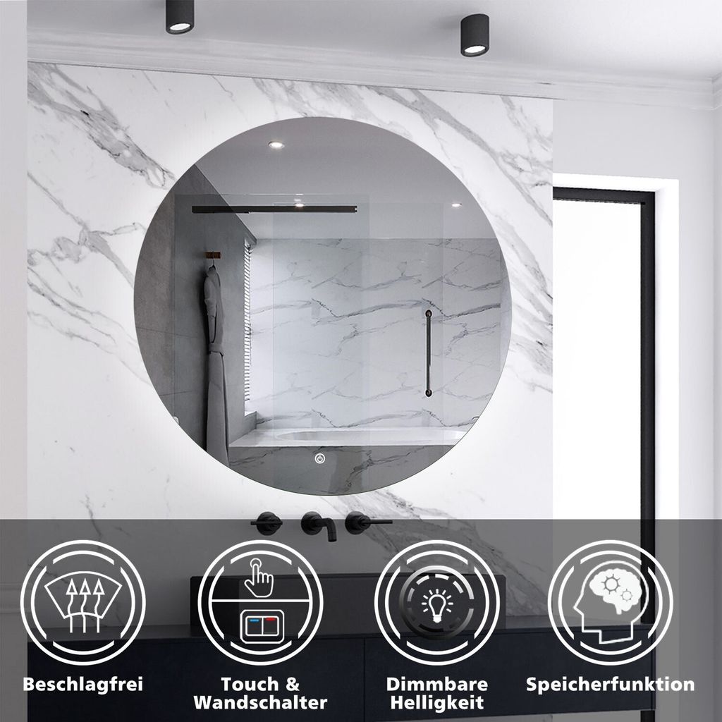 AICA LED Badspiegel Rund 100cm Wand/Touchschalter Beschlagfrei Kaltweiß Dimmbar Badspiegel mit Beleuchtung Badezimmerspiegel Lichtspiegel IP44