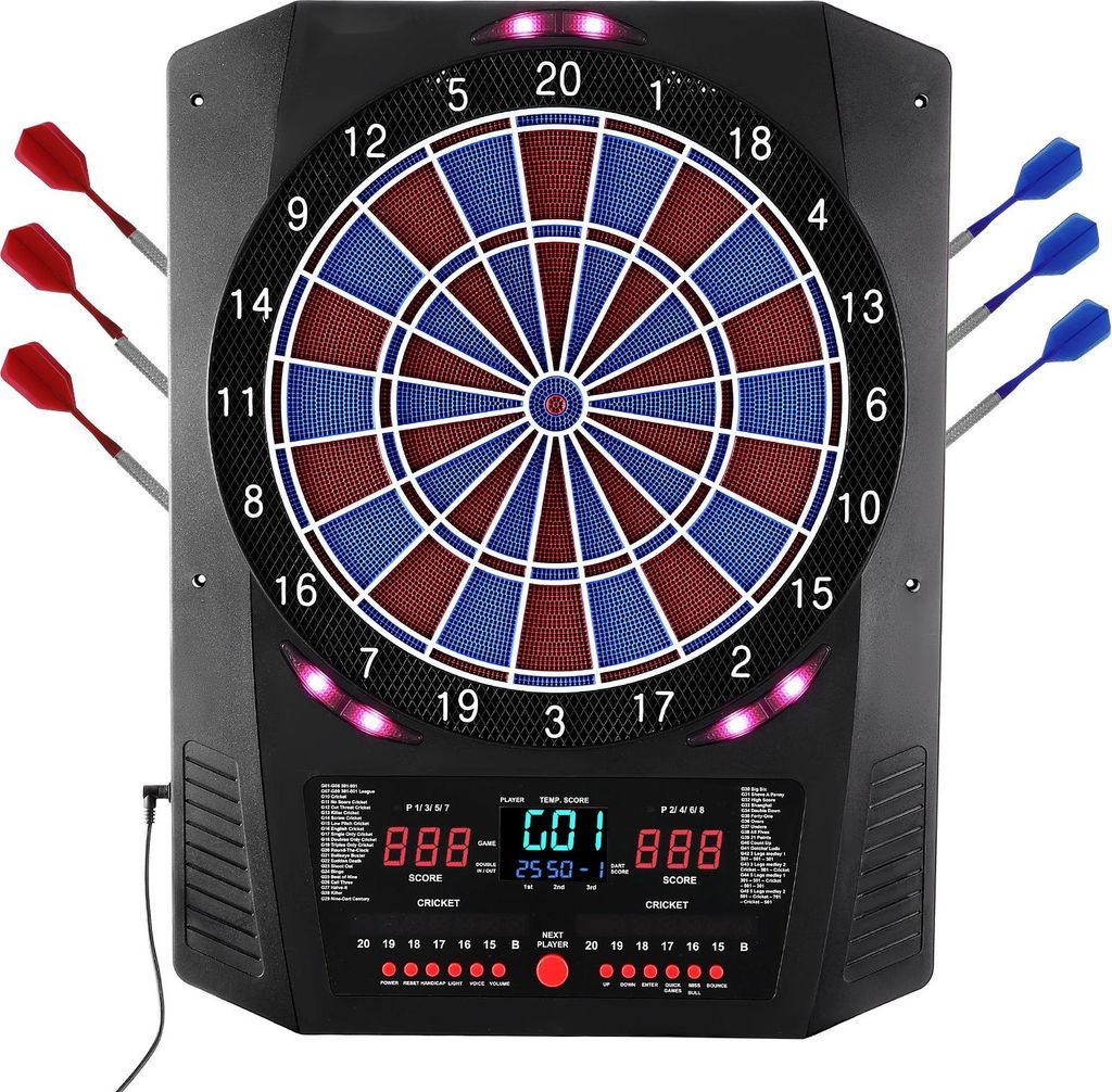 Elektronische Dartscheibe - E-Dartboard/Softdartboard - 34,3 cm - 45 Spiele & 474 Varianten - Für 8 Spieler - 6 Dartschäfte mit Flights & 50 Ersa...