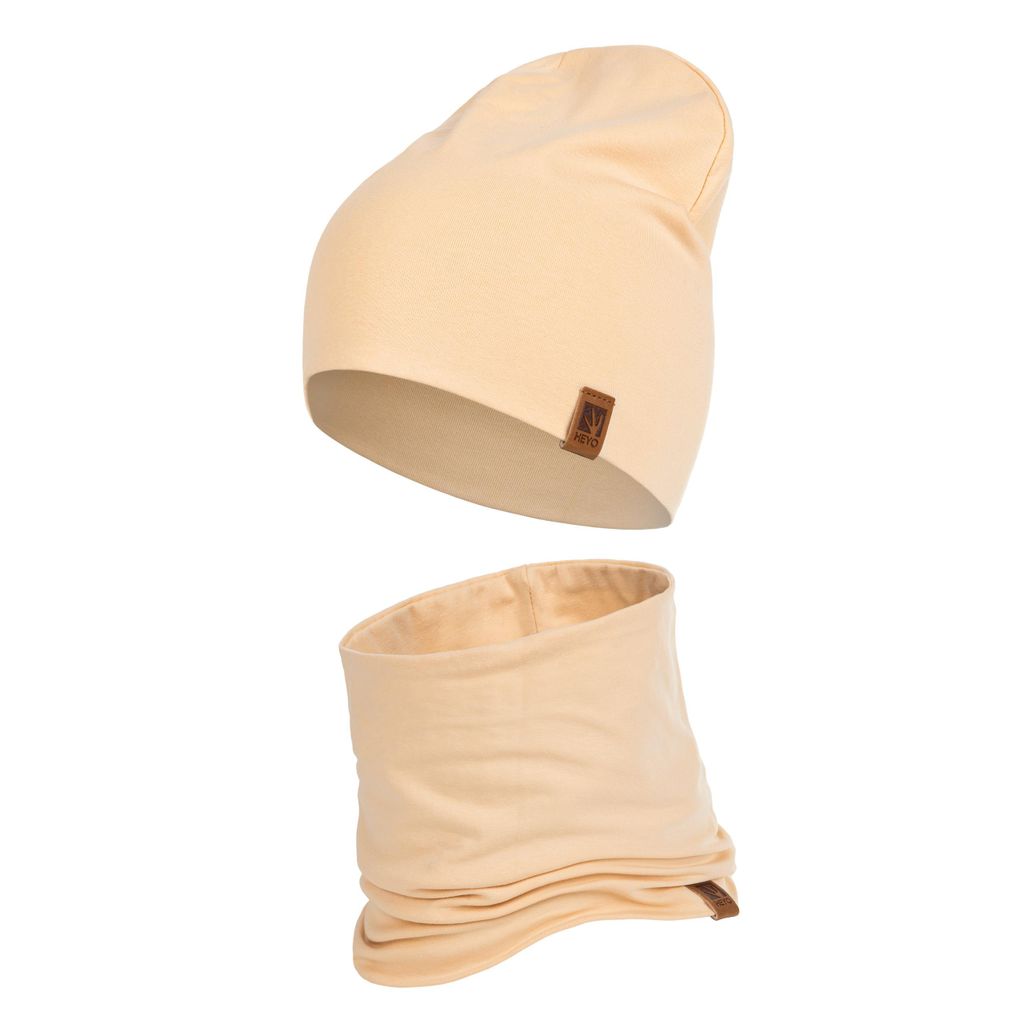 Kinder Set Beanie Mütze Schlauchschal Baumwolle Rundschal weich Mädchen Jungen Herbst Herbstset Beige