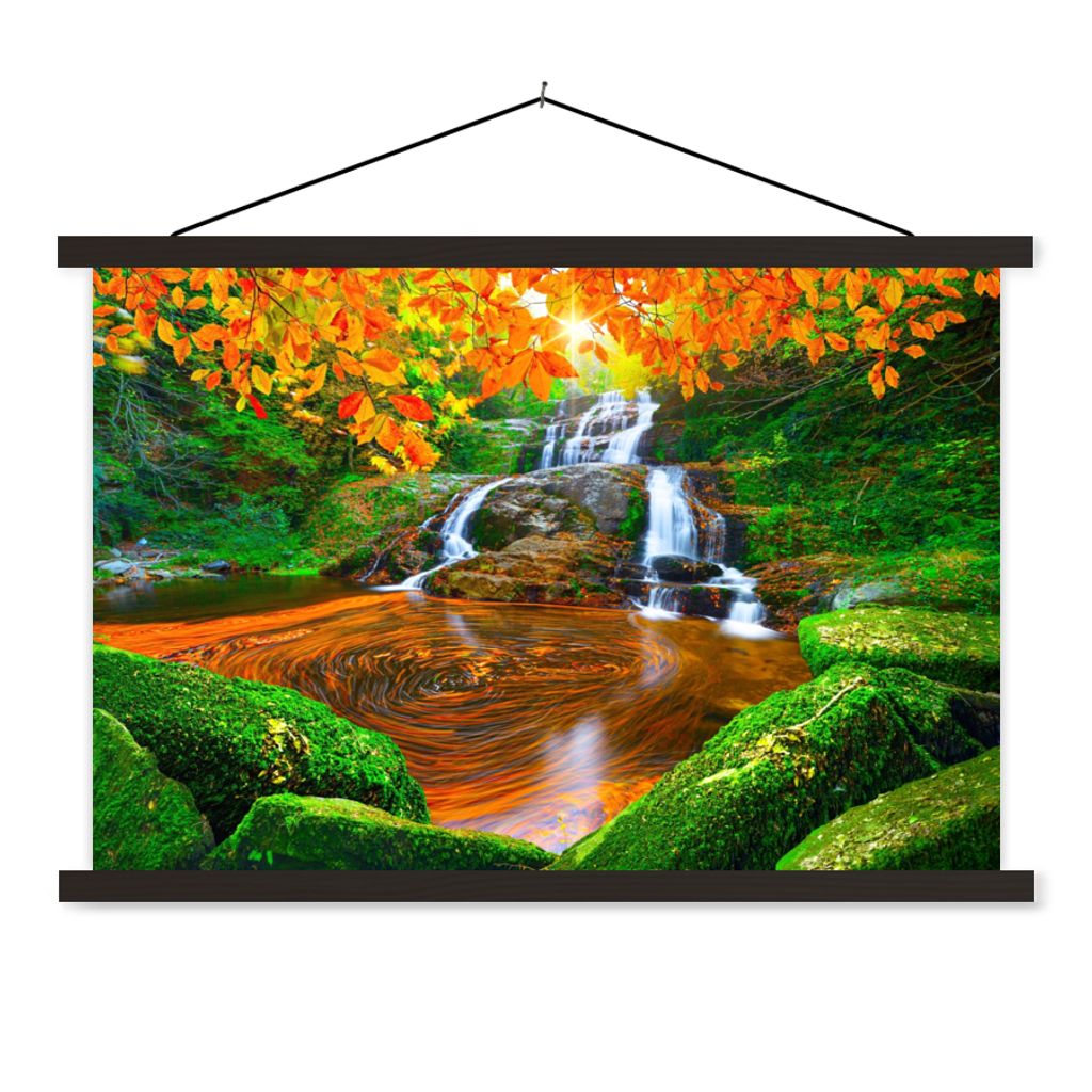 MuchoWow Textilposter Natur - Wasserfall - Steine - Moos - Blätter - Grün 90x60 cm mit schwarzem Rahmen - Aufhängungssatz