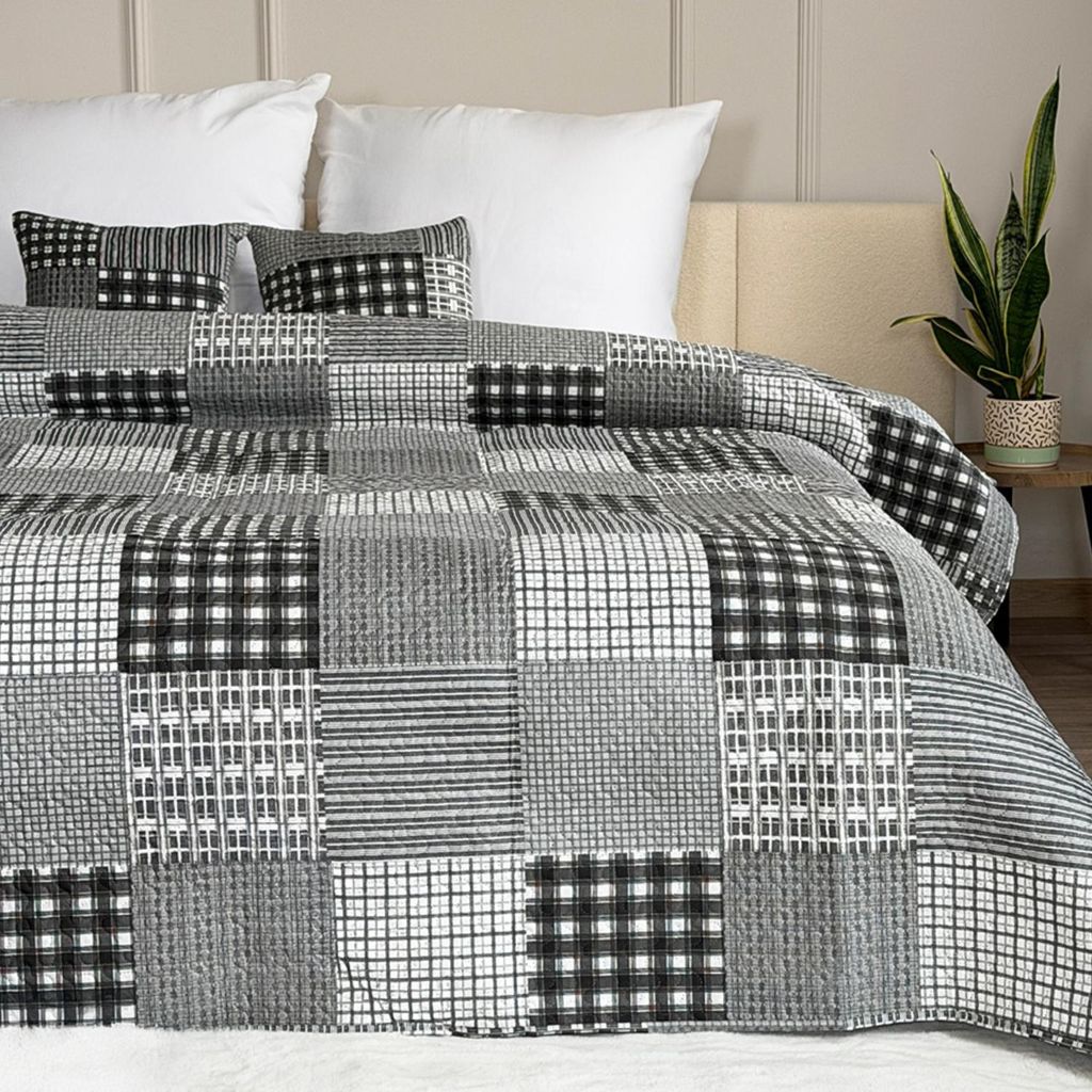 Tagesdecke Zweiseitige Bettüberwurf Allzweckdecke Steppdecke TAVIRA Sofa Bett Decken XXL Grau Schwarz (3 TLG Set) 220x240cm + 2 Kissenbezüge 40x4...