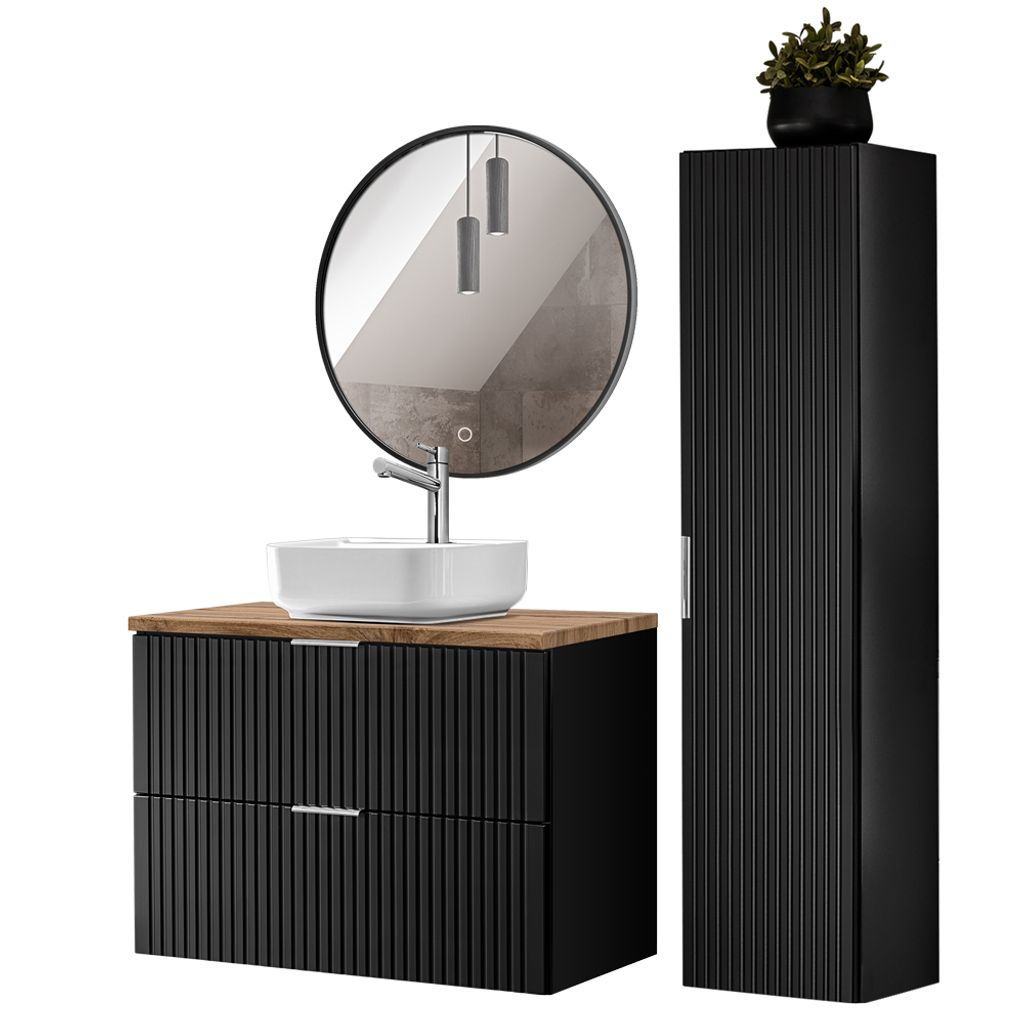 Badezimmer komplett Set, mit Hochschrank, Keramik Waschbecken und LED Spiegel, schwarz matt mit Eiche Nb., Front gerillt, ADELAIDE-56-BLACK, B/H/T ...