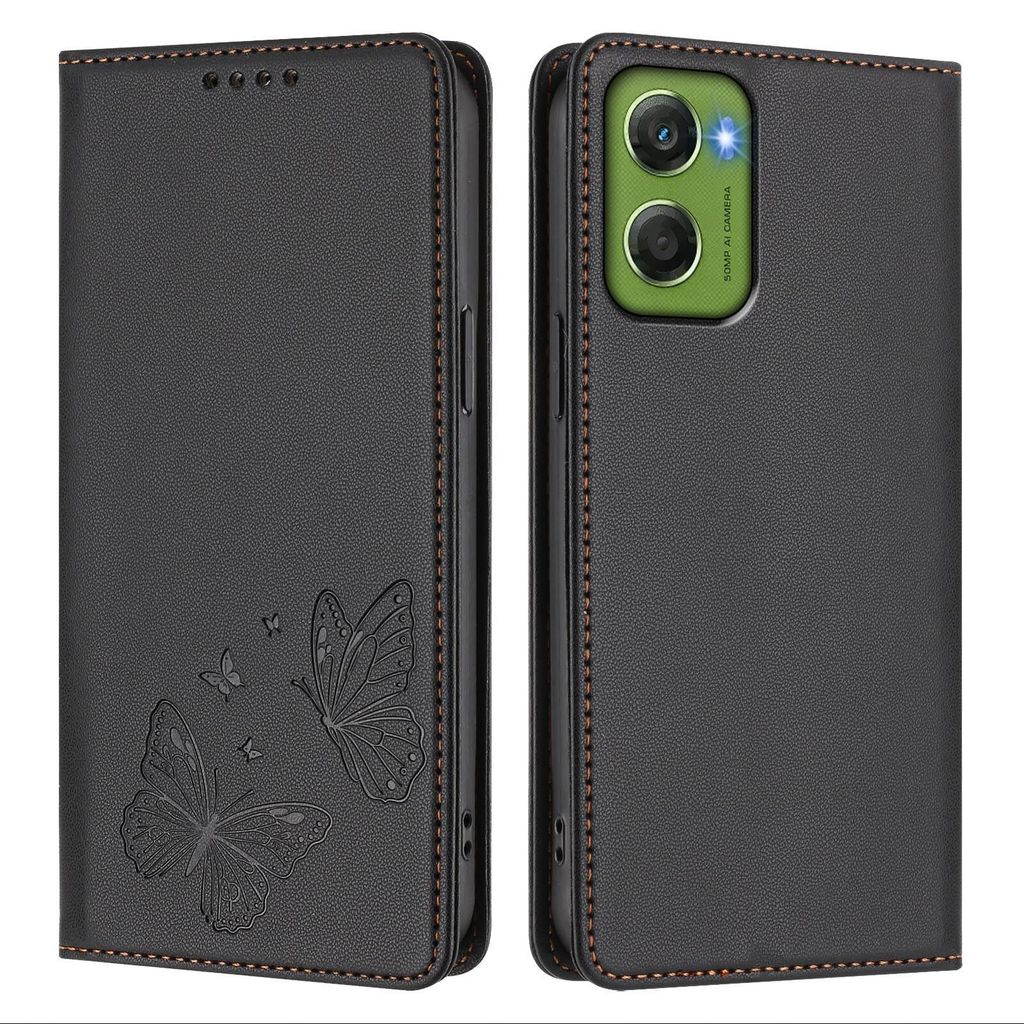 Lederhülle für Motorola Moto G06, Schmetterling Prägung Leder Brieftasche Schutzhülle mit Ständer Schwarz